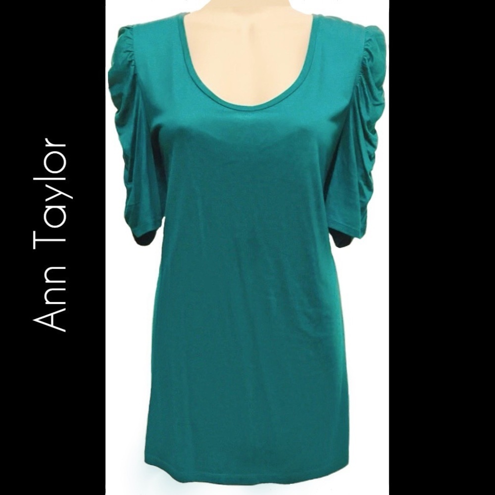 ANN Taylor Teal Ruched Sleeve Top Size L